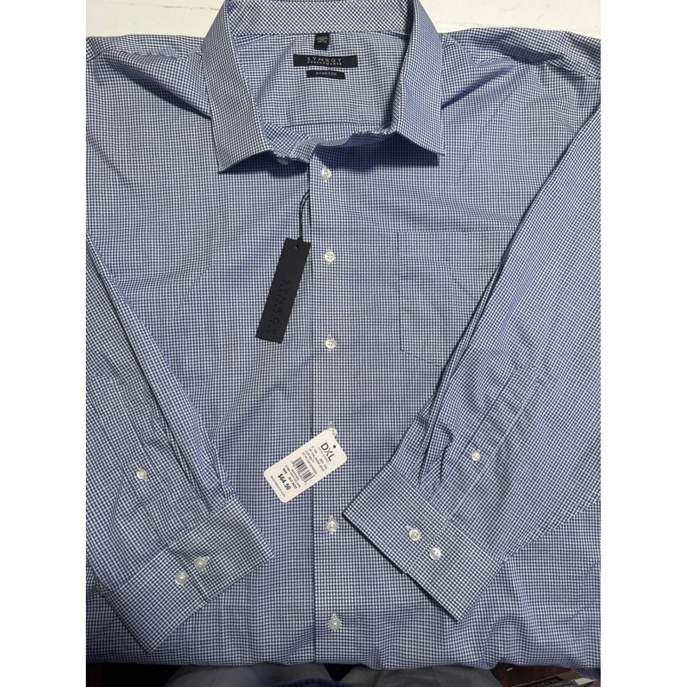 Synrgy‎ Performance Dress Shirt Mens 22 34/35 Navy Gingham NWT Stretch DXL